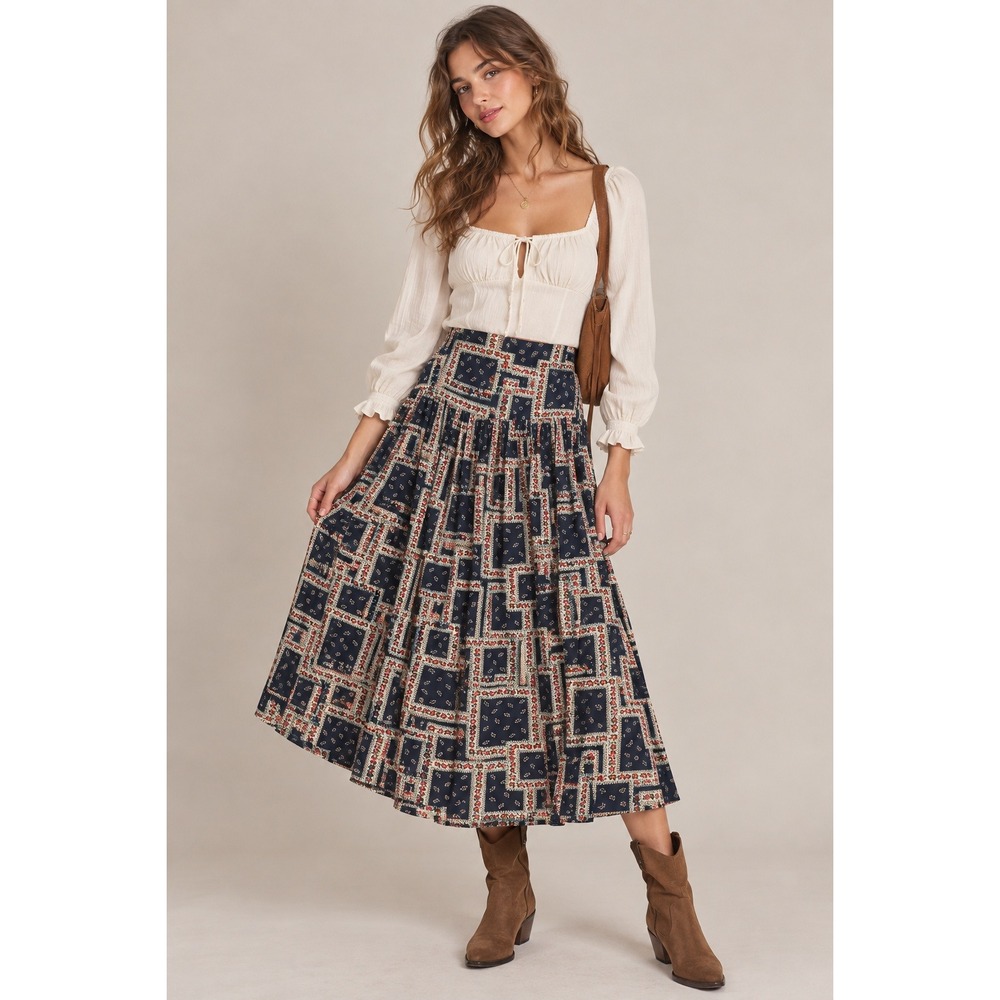 Natural Life Floral Midi Skirt M Navy Blue Patchwork Boho Cottage Prairie Retro